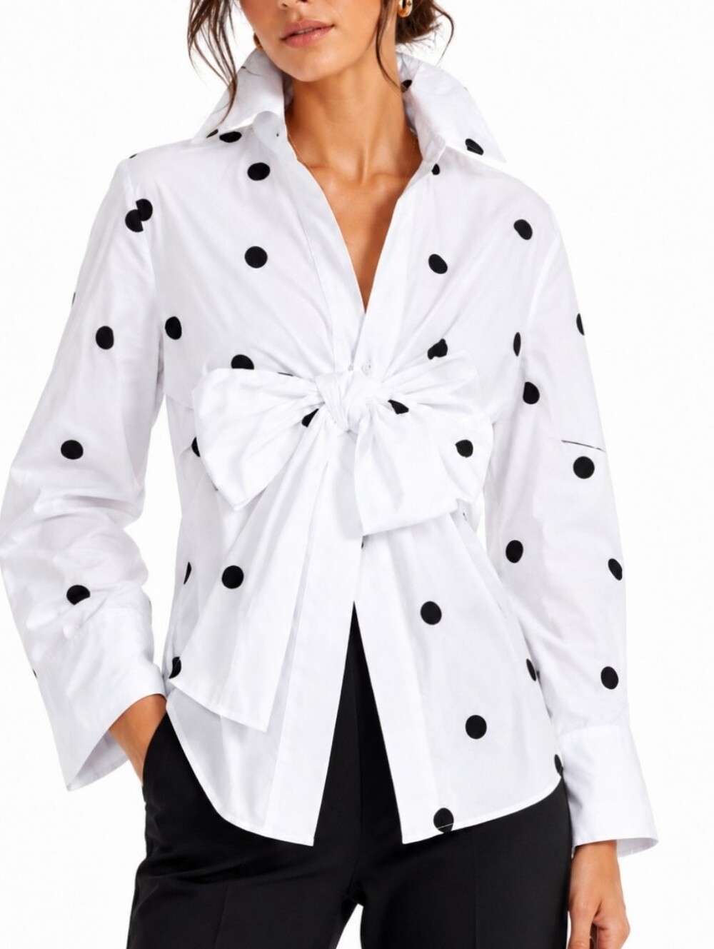 NWT Uoozee Polka Dot Bow Front Black And White Button Up Large Versatile Shirt